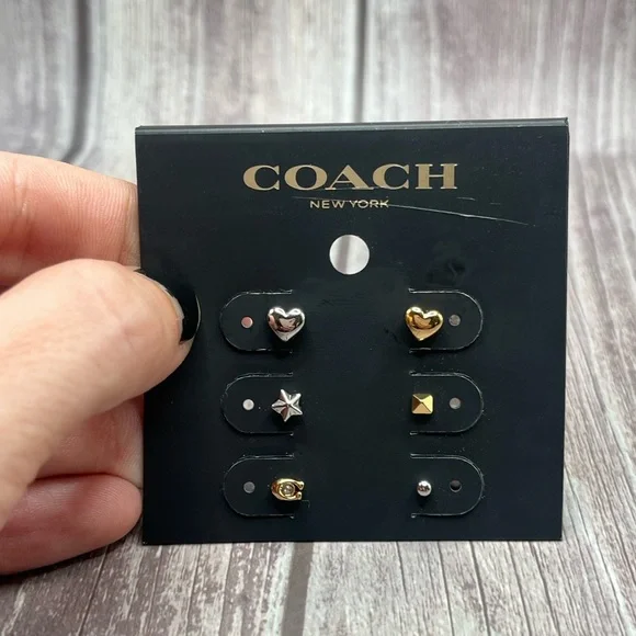 NWT COACH Mixed Metallic Stud Earring Set of 6 - Gold & Silver w/ Dust Bag - Picture 2 of 7